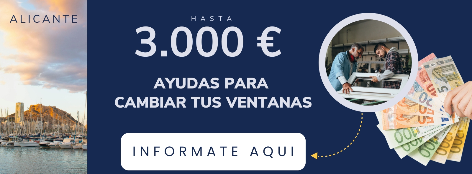 banner con información sobre la ayuda para cambiar ventanas en alicante con los fondos next generation de la unión europea gestionados por especialistas de cerramientos alicantinos de aluyglass soluciones