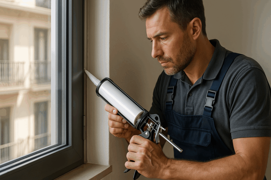profesional de cerramientos sellando ventanas antiruidos en alicante