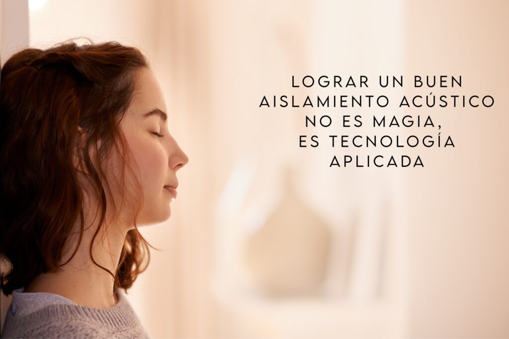Imagen tranquilizadora de mujer joven en espacio interior de hogar protegido con ventanas antiruidos en alicante con texto "lograr un buen aislamiento acustico no es magia, es tecnología aplicada"